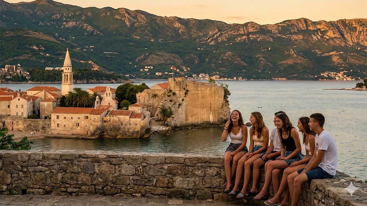 Stare miasto na cyplu, góry schodzące do morza, zachód słońca