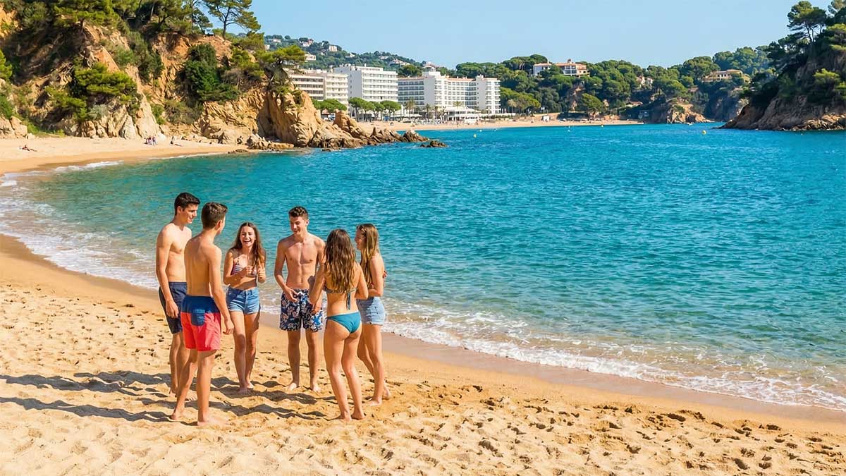 Gorąca Costa Brava, plaża, słońce, w tle zarys miasta i klifów