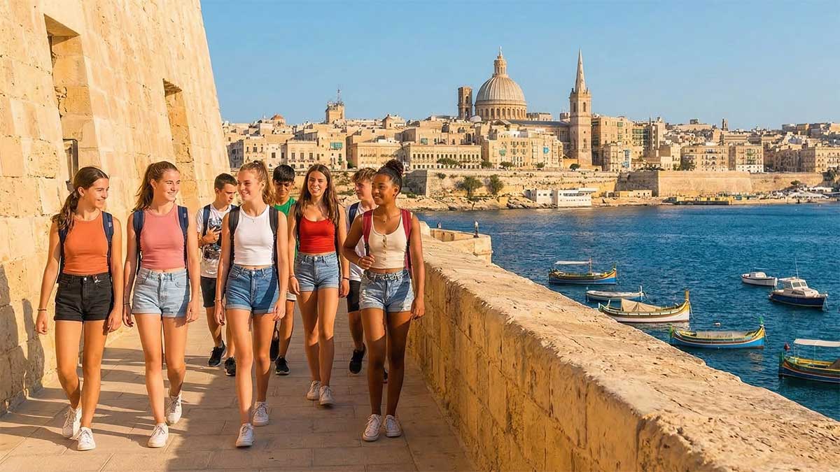 Historyczna Valletta, błękit morza, grupa młodzieży z plecakami